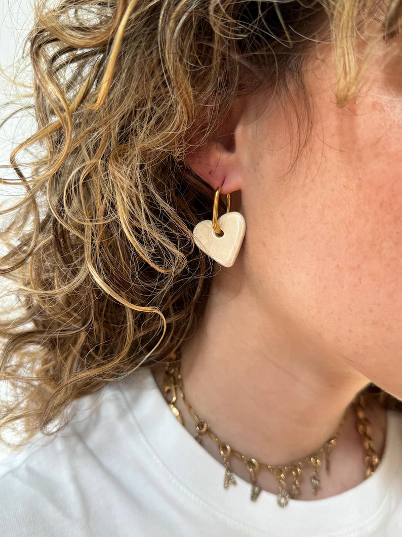 Boucles d’oreilles anneaux avec perles en céramique coeur blanc, donuts interchangeables