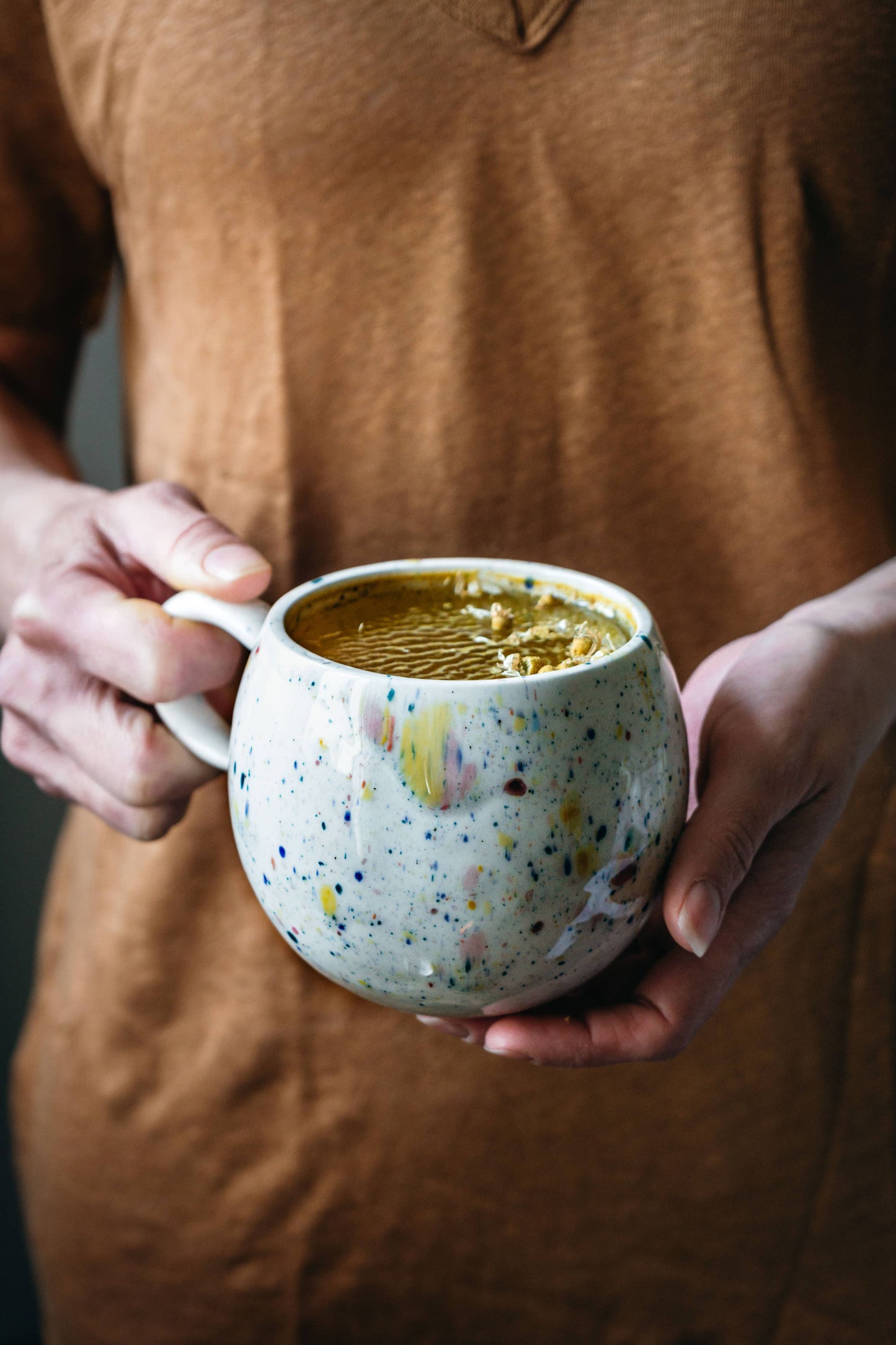 White stoneware mug, rainbow