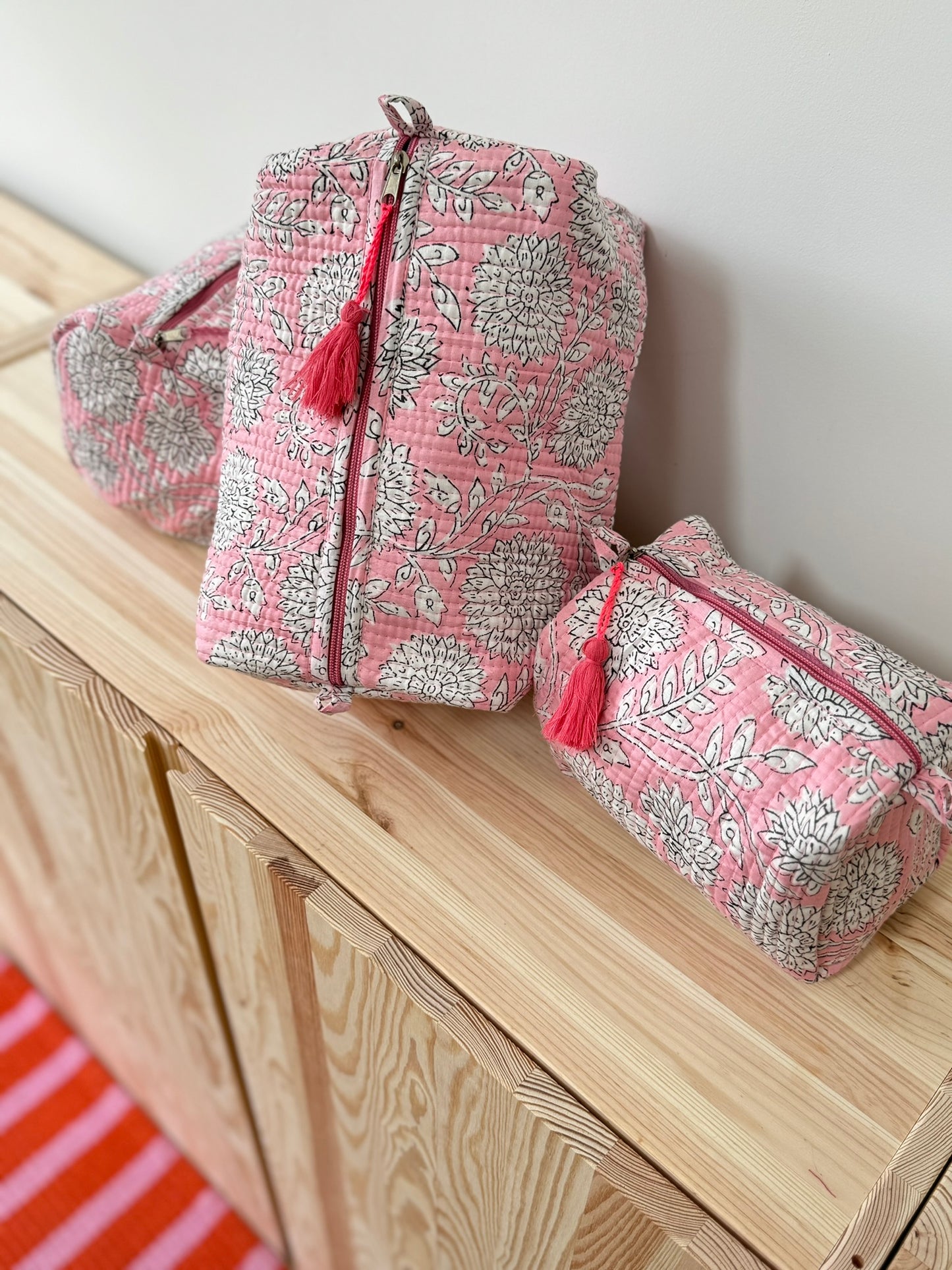 Large cotton toiletry bag Block print old pink