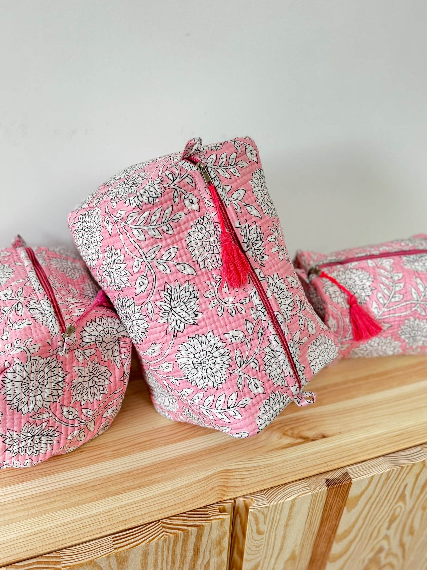 Large cotton toiletry bag Block print old pink