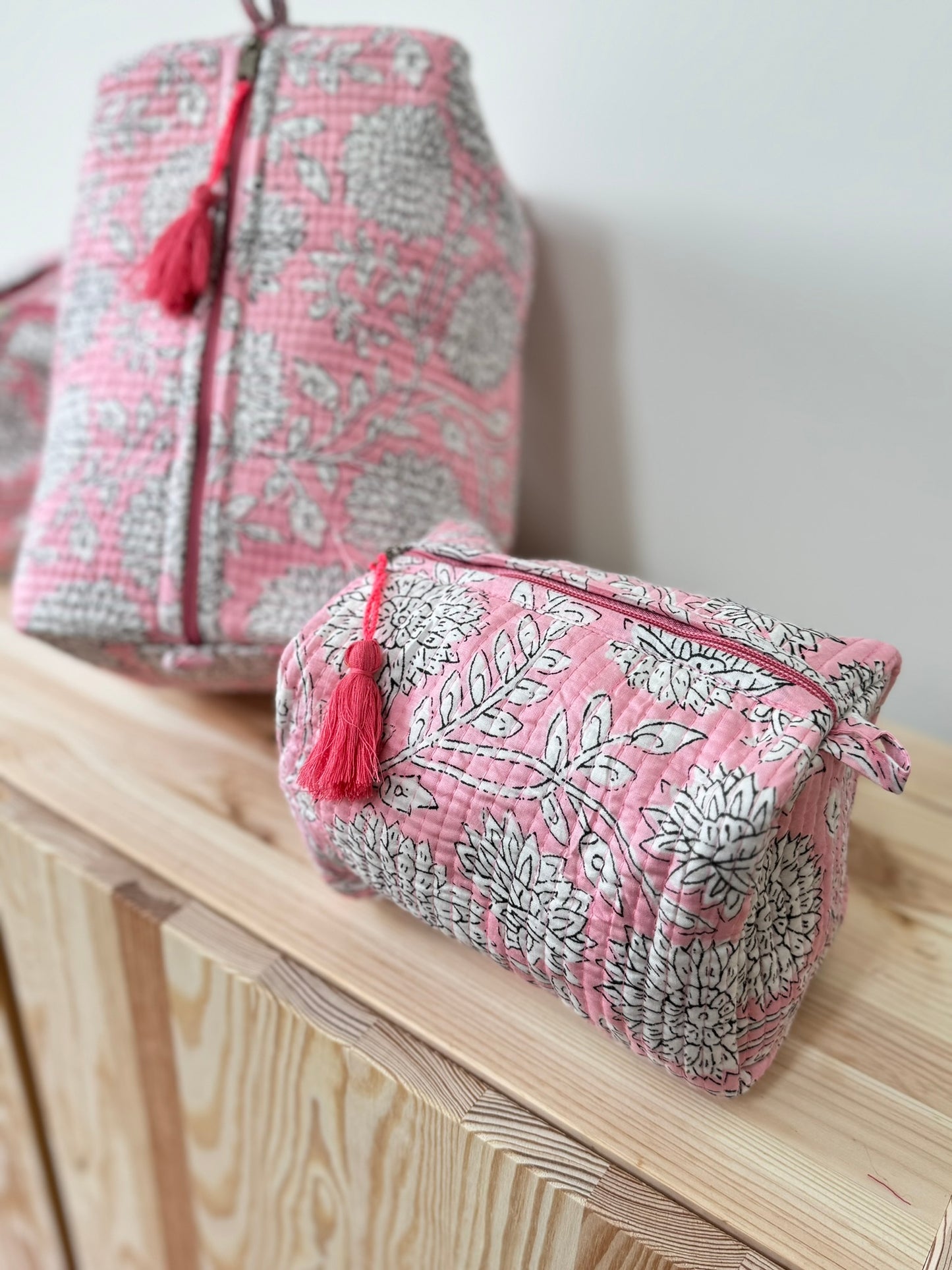 Large cotton toiletry bag Block print old pink