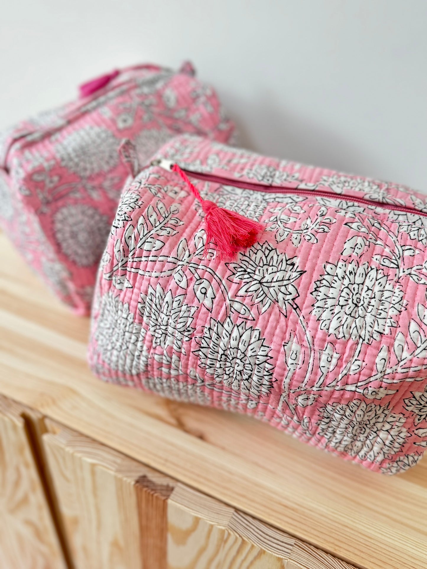 Large cotton toiletry bag Block print old pink