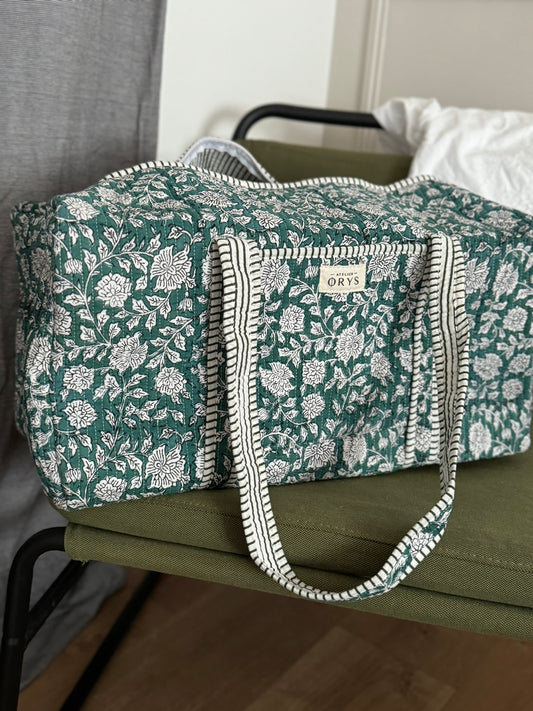 NOUVEAU Grand duffle bag en tissus indien floral bleu canard, 100% coton, fait-main